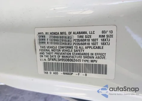 2013 Honda Odyssey Touring/Touring Elite from USA, damaged, VIN 5FNRL5H95DB062449